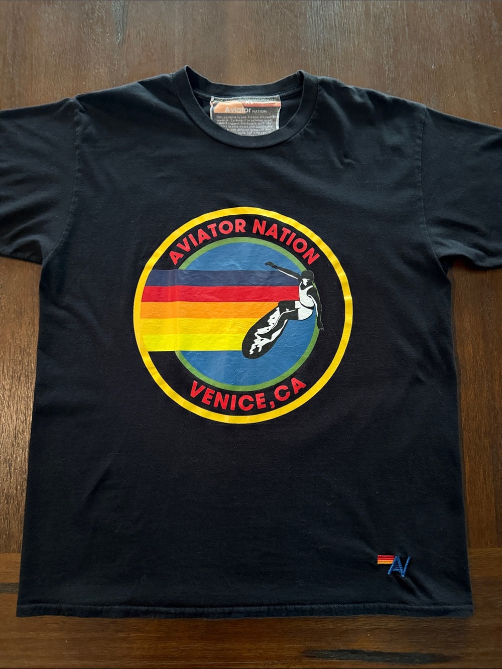 Aviator Nation Black Short-Sleeve Signature Venice Tee with Retro Stripes XL